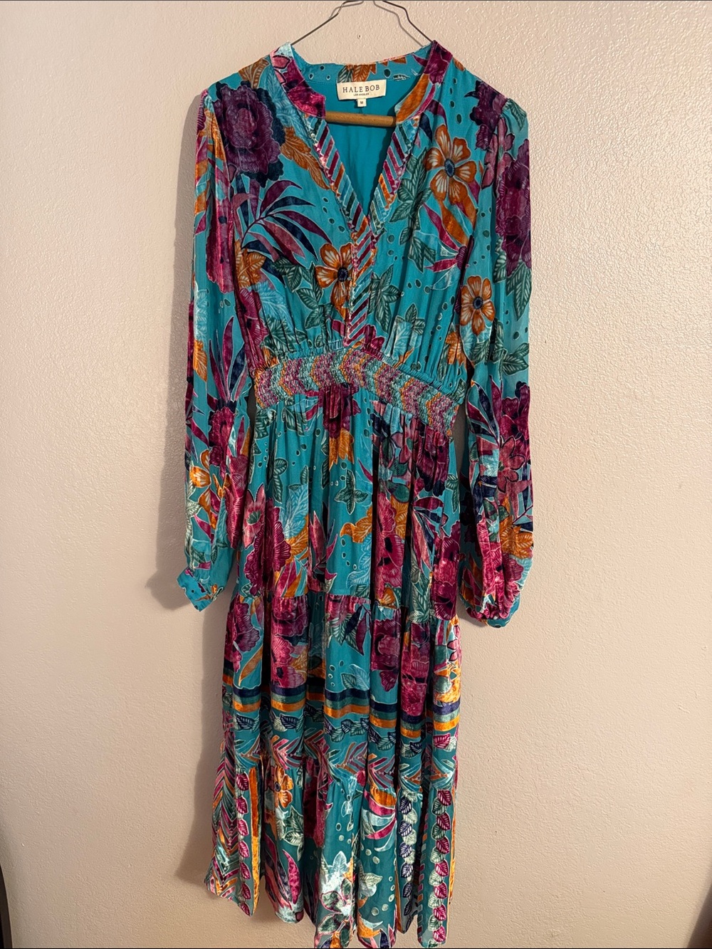 Hale Bob Teal Floral Long Sleeve Midi Dress with Smocked Waist